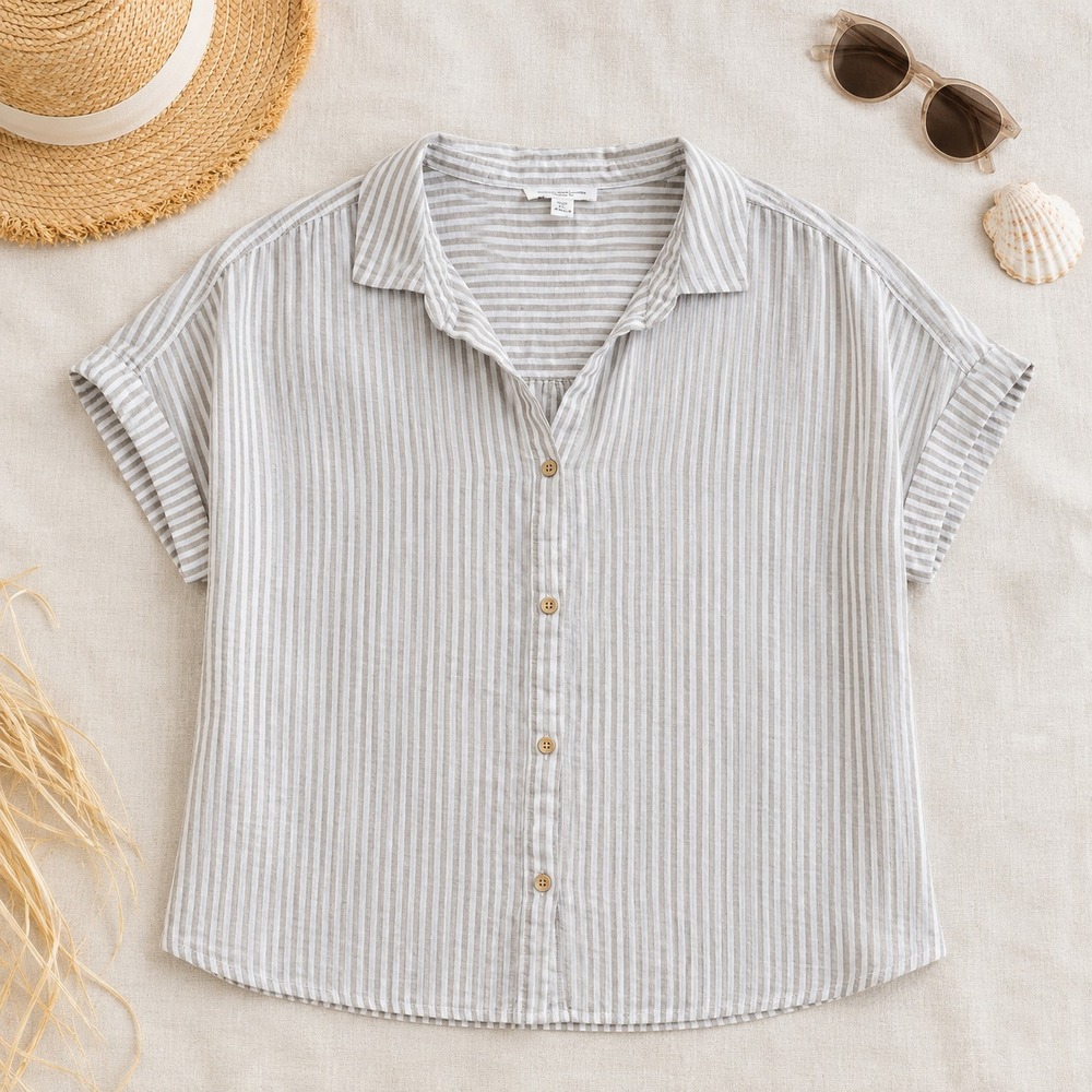 Beach Lunch Lounge Cotton Linen Short Sleeve Shirt Grey White Stripe,  Size XL